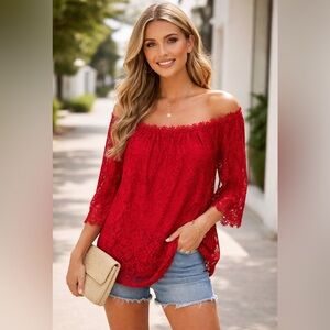 MIHOLL Red Lace Off-Shoulder Top-Large